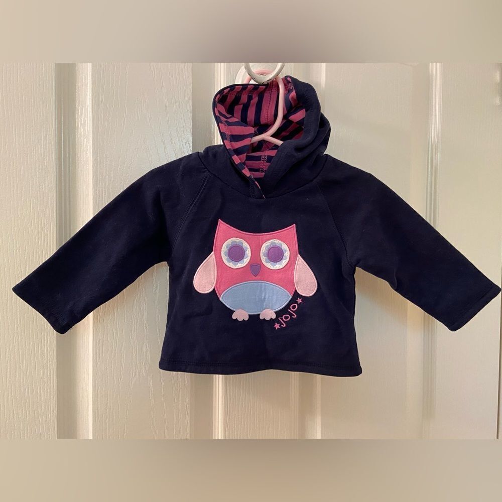 JoJo Maman Bébé Hooded Sweatshirt Owl Applique Reversible Size 0-3 Months